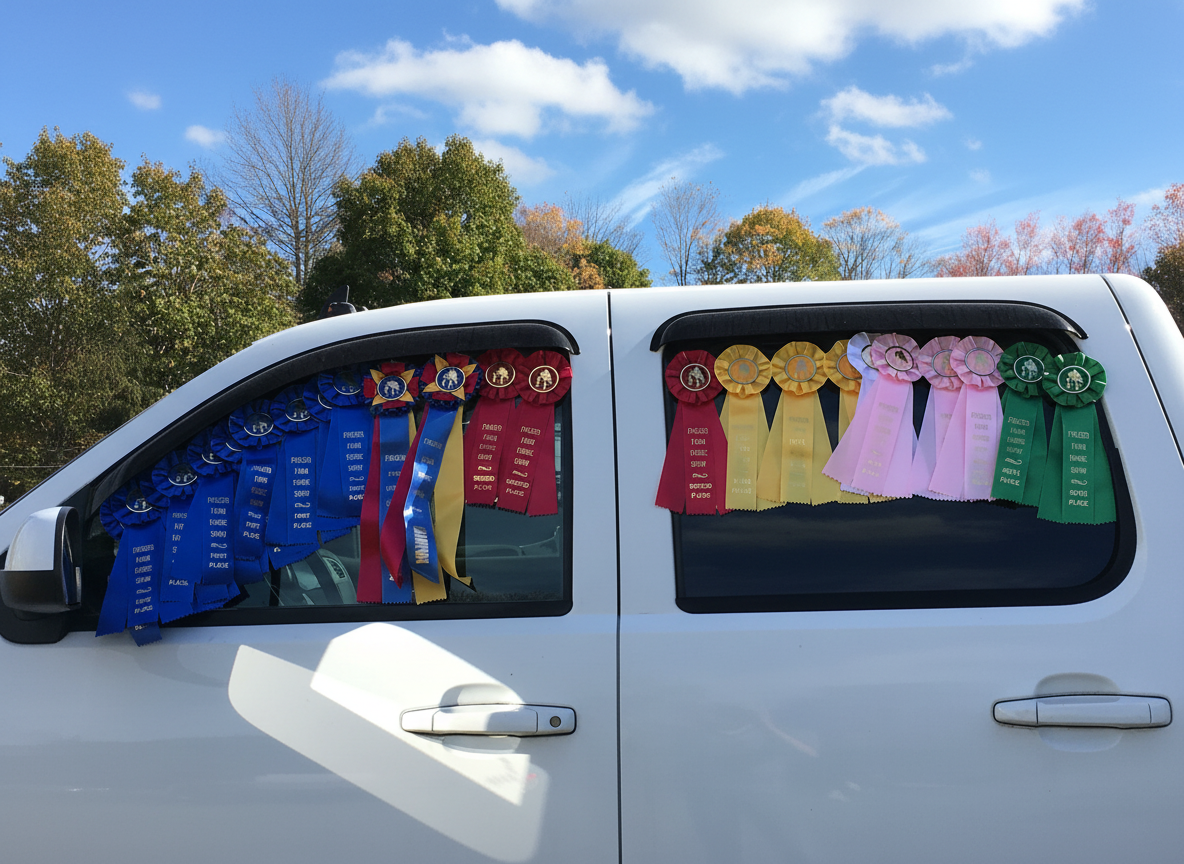 Van windows filled with colorful show ribbons
