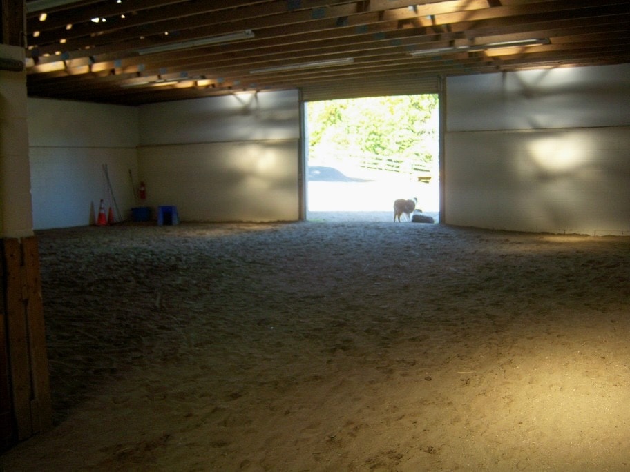 Indoor arena floor with open door